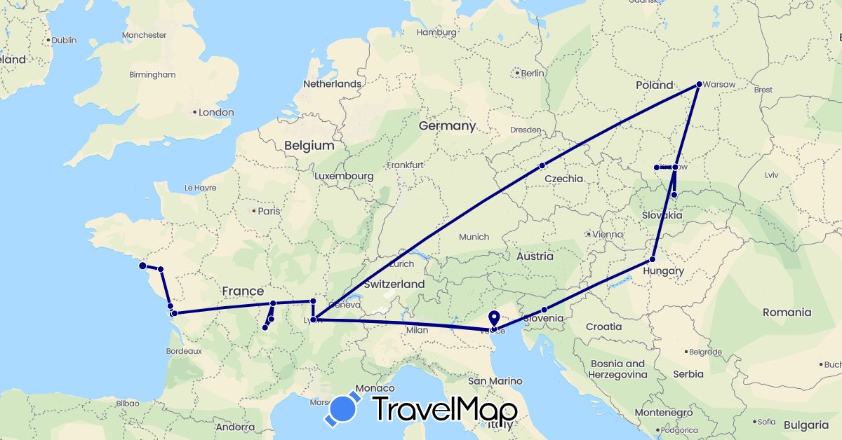 TravelMap itinerary: driving in Czech Republic, France, Hungary, Italy, Poland, Slovenia (Europe)